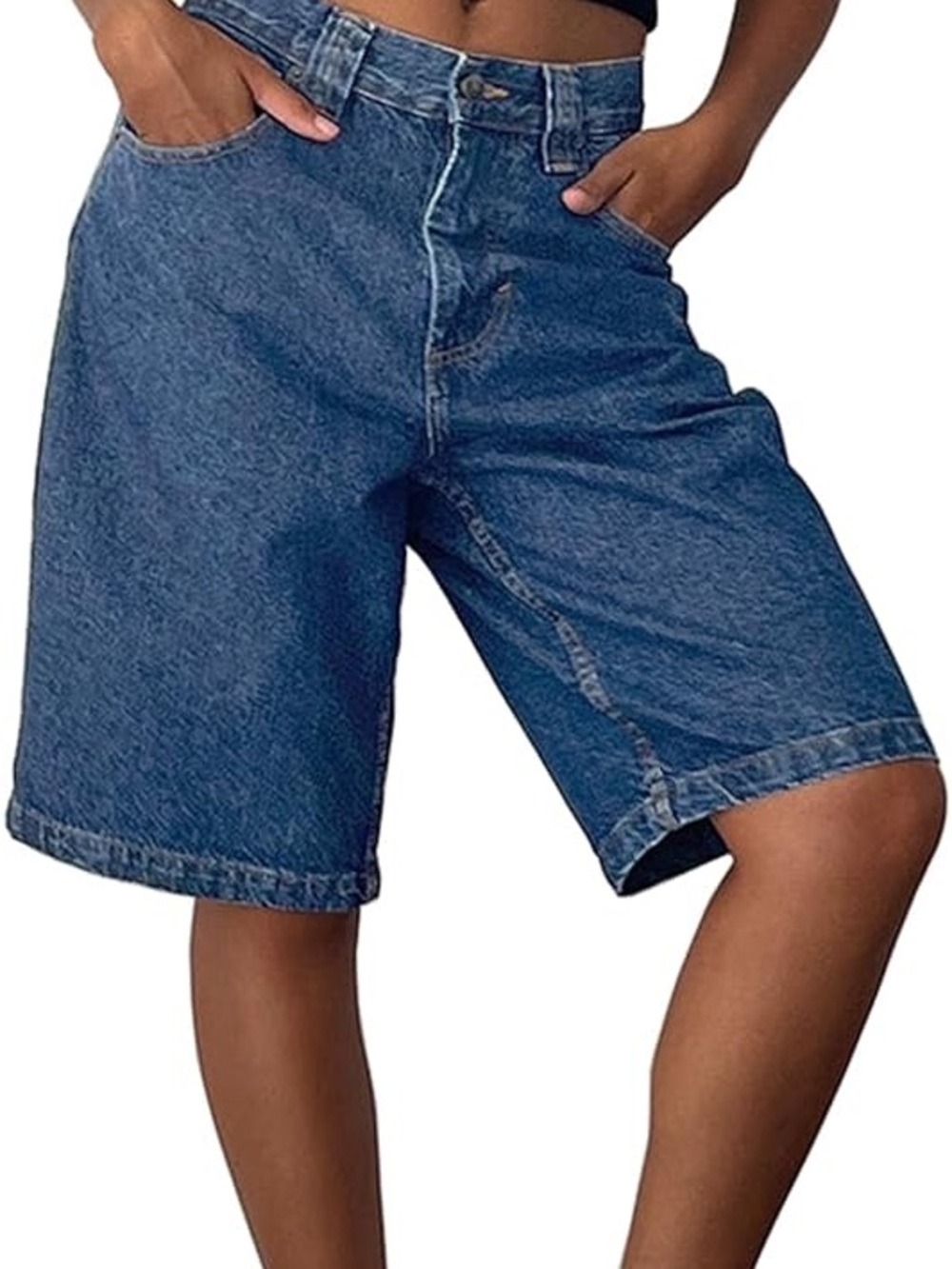 Classic High-Waist Blue Denim Bermuda Shorts by AXJ American Xtreme Jeans Sz 10
